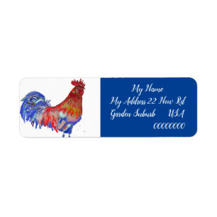 Rooster Waterverf Chicken Cochlepel Blue Bird Etiket