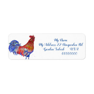 Rooster Waterverf Chicken Cochlepel Blue Bird Etiket