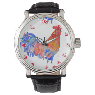 Rooster Waterverf Kip Cockerel Rood Mannen Horloge