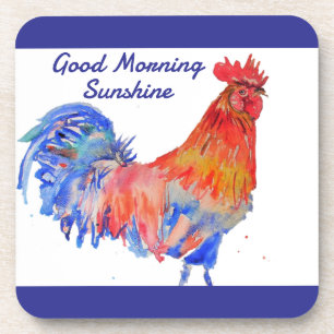 Rooster Waterverf Rood Blauwe Kip Zonneschijn Bier Onderzetter