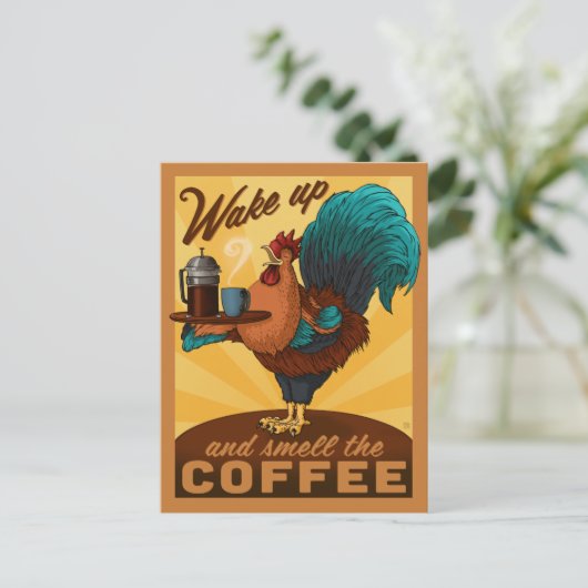 Rooster - Word wakker en Ruik de koffie Briefkaart (Staand voorkant)