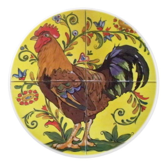 Rooster Yellow Chicken Folk Art Drawer Keramische Knop (Voorkant)