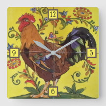 Rooster Yellow Chicken Folk Tegel Clock Floral