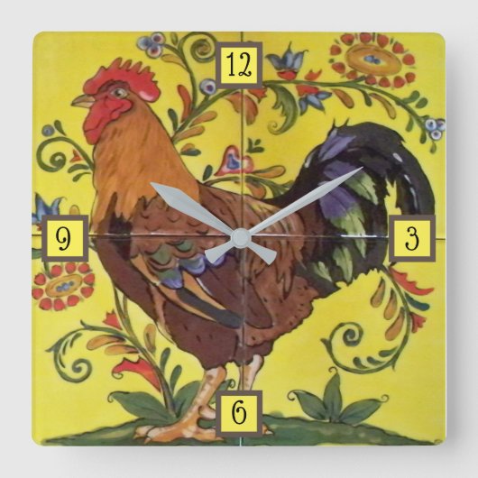 Rooster Yellow Chicken Folk Tegel Clock Floral Vierkante Klok (Voorkant)