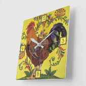 Rooster Yellow Chicken Folk Tegel Clock Floral Vierkante Klok (Hoek)