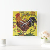 Rooster Yellow Chicken Folk Tegel Clock Floral Vierkante Klok (Huis)
