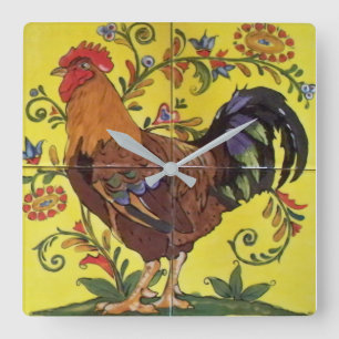 Rooster Yellow Chicken Folk Tegel Clock Floral Vierkante Klok