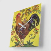 Rooster Yellow Chicken Folk Tegel Clock Floral Vierkante Klok (Hoek)