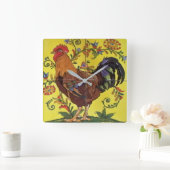 Rooster Yellow Chicken Folk Tegel Clock Floral Vierkante Klok (Huis)