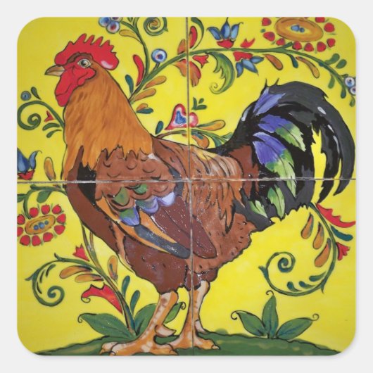 Rooster Yellow Floral Tegel Folk Art Land Vierkante Sticker (Voorkant)