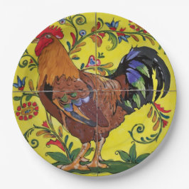 Rooster Yellow Floral Tile Folk Art Land Papieren Bordje