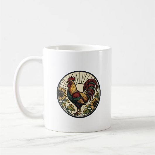 Rooster Zonnebloem Houtsnede Kunst Ronde Mok (Links)