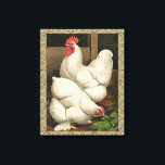Roosters en Engels buiten Hen House met witte rand Canvas Afdruk<br><div class="desc">Een stijlvolle kunstafdruk met een krachtige rooster en een kip in een kippenhuis. De donkere grens van de ecru is patroon uit spiraalelementen bestaat. Deze afdruk zou een grove aanvulling zijn op de decoratie van het platteland.</div>