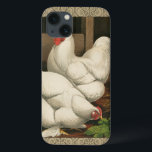 Roosters en Engels buiten Hen House met witte rand Case-Mate iPhone Case<br><div class="desc">Een stijlvolle kunstafdruk met een krachtige rooster en een kip in een kippenhuis. De donkere grens van de ecru is patroon uit spiraalelementen bestaat. Deze afdruk zou een grove aanvulling zijn op de decoratie van het platteland.</div>