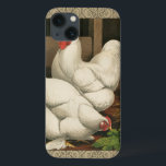 Roosters en Engels buiten Hen House met witte rand Case-Mate iPhone Case<br><div class="desc">Een stijlvolle kunstafdruk met een krachtige rooster en een kip in een kippenhuis. De donkere grens van de ecru is patroon uit spiraalelementen bestaat. Deze afdruk zou een grove aanvulling zijn op de decoratie van het platteland.</div>