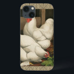 Roosters en Engels buiten Hen House met witte rand Case-Mate iPhone Case<br><div class="desc">Een stijlvolle kunstafdruk met een krachtige rooster en een kip in een kippenhuis. De donkere grens van de ecru is patroon uit spiraalelementen bestaat. Deze afdruk zou een grove aanvulling zijn op de decoratie van het platteland.</div>