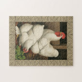 Roosters en Engels buiten Hen House met witte rand Legpuzzel (Horizontaal)