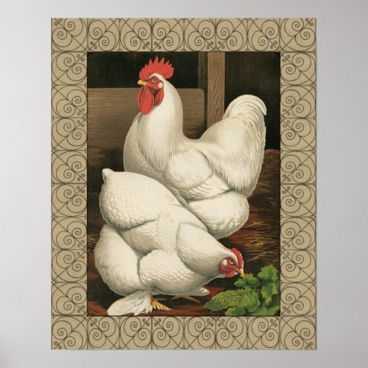 Roosters en Engels buiten Hen House met witte rand Poster (Voorkant)