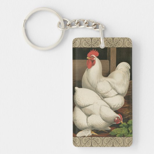 Roosters en Engels buiten Hen House met witte rand Sleutelhanger (Voorkant)