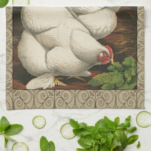 Roosters en Engels buiten Hen House met witte rand Theedoek (Gevouwen)