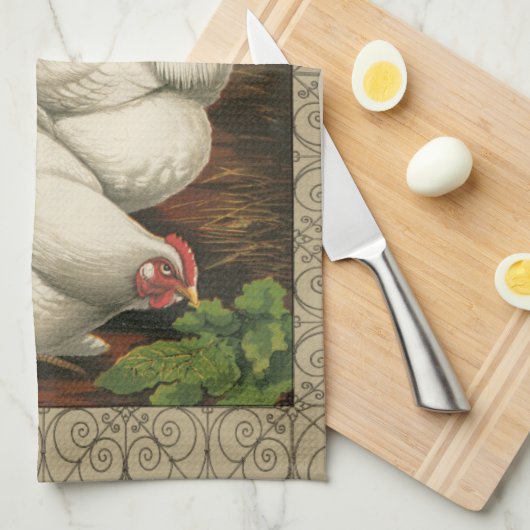Roosters en Engels buiten Hen House met witte rand Theedoek (Quarter Fold)