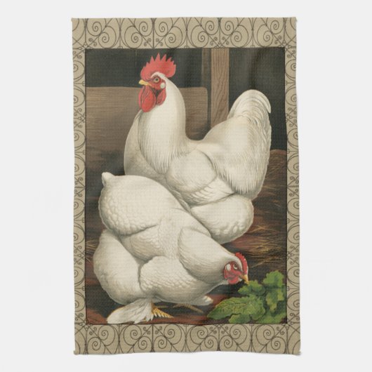Roosters en Engels buiten Hen House met witte rand Theedoek (Verticaal)
