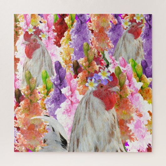 Roosters en Hollyhock Flowers, Legpuzzel (Verticaal)
