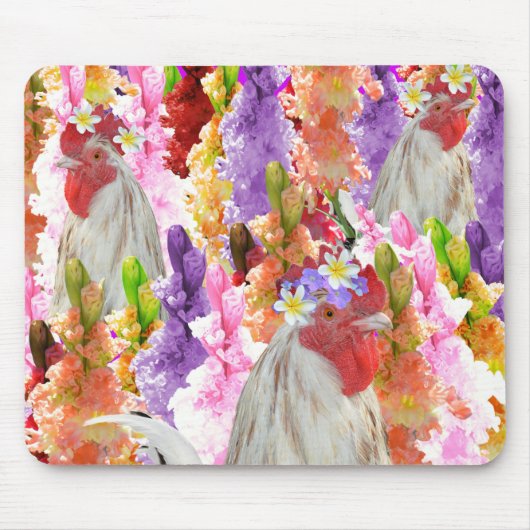 Roosters en HollyHocks, Mousepad Muismat (Voorkant)