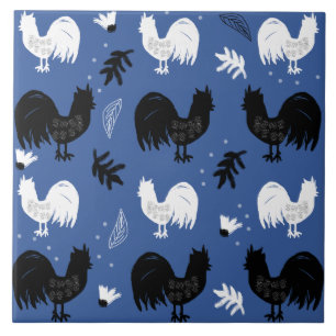 Roosters Hand Drawn Floral Boerderij Pattern Tegeltje