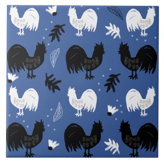 Roosters Hand Drawn Floral Boerderij Pattern Tegeltje (Voorkant)