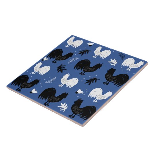 Roosters Hand Drawn Floral Boerderij Pattern Tegeltje (Zijkant)
