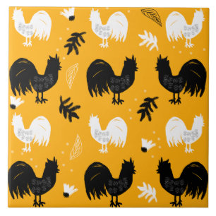 Roosters Hand Drawn Floral Boerderij Pattern Tegeltje