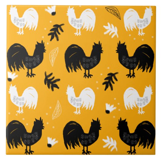 Roosters Hand Drawn Floral Boerderij Pattern Tegeltje (Voorkant)