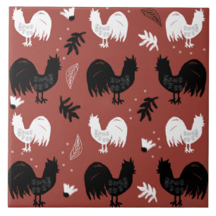 Roosters Hand Drawn Floral Boerderij Pattern Tegeltje