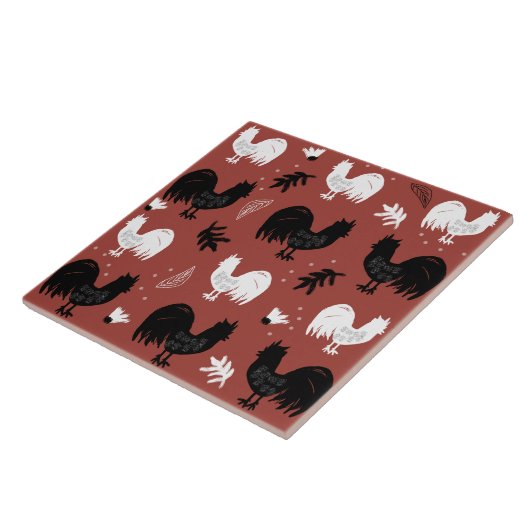 Roosters Hand Drawn Floral Boerderij Pattern Tegeltje (Zijkant)