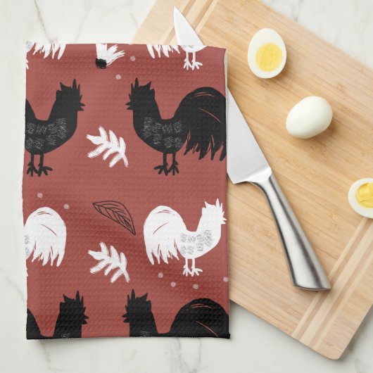 Roosters Hand Drawn Floral Boerderij Pattern Theedoek (Quarter Fold)