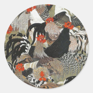 Roosters Hen Illustratie door Ito Jakuchu Ronde Sticker