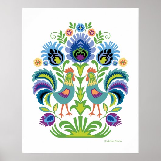 Roosters in Paars en Blauwgroen Poster (Voorkant)