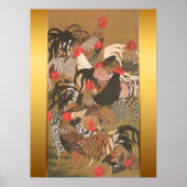 Roosters Japans schilderen met Golden Background Poster (Voorkant)