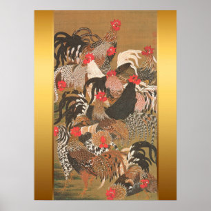 Roosters Japans schilderen met Golden Background Poster