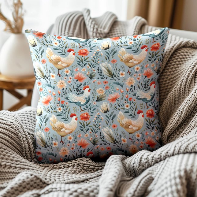 Roosters Kippen Stoffige Blauwe Boerderij Kussen (Blue and white rooster pattern decorator pillow)