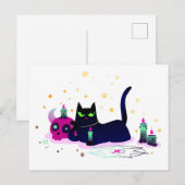 Roosterse zwarte kat met schedel briefkaart (Voorkant / Achterkant)