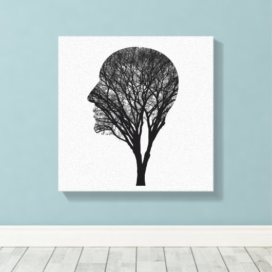 Rooted Mind – Human Profile Tree Silhouette Art Canvas Afdruk (Insitu (Houten vloer))