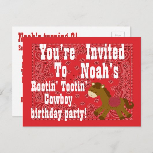 Rootin' Tootin' Cowboy verjaardagsfeestje uitnodig Uitnodiging Briefkaart (Voorkant / Achterkant)