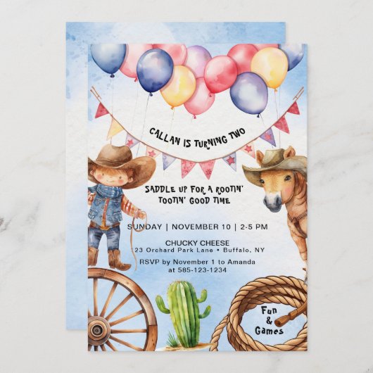 Rootin' Tootin' Goede Tijd Verjaardag Uitnodiging (Voorkant / Achterkant)