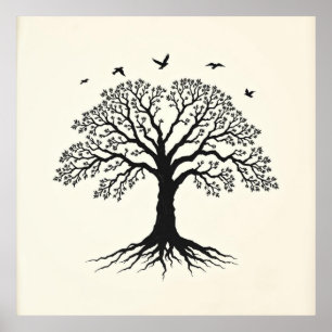 Roots of Serenity: Tree of Life Charcoal Zen Art Poster