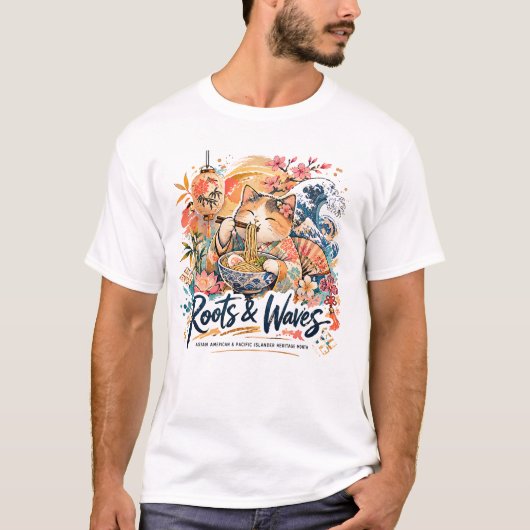 Roots & Waves Kat AAPI Collage Ontwerp T-shirt (Voorkant)