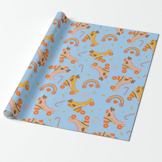 Roovy 70s rolpatroon schaats kerst cadeaupapier (Uitgerold)