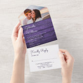 Rooze Paarse Houten Slingerlichtjes Foto Bruiloft All In One Uitnodiging (Afscheurbaar)