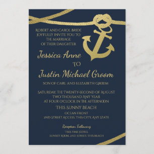 Rope Anchor Gold en Navy Blue Wedding Kaart